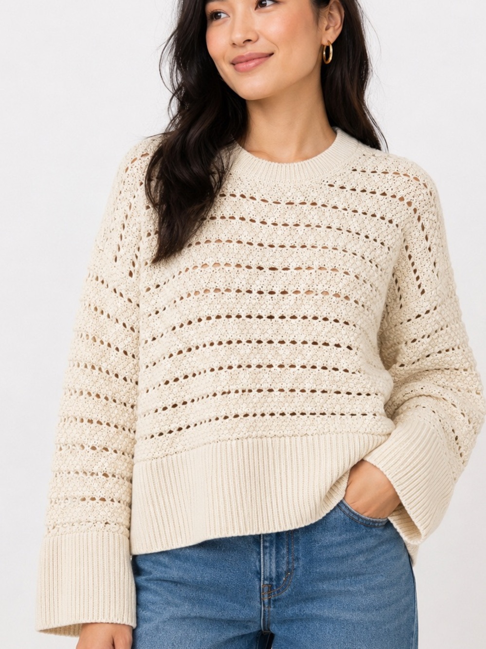 GAP 100% Cotton Cream Open-Weave Crewneck Sweater L